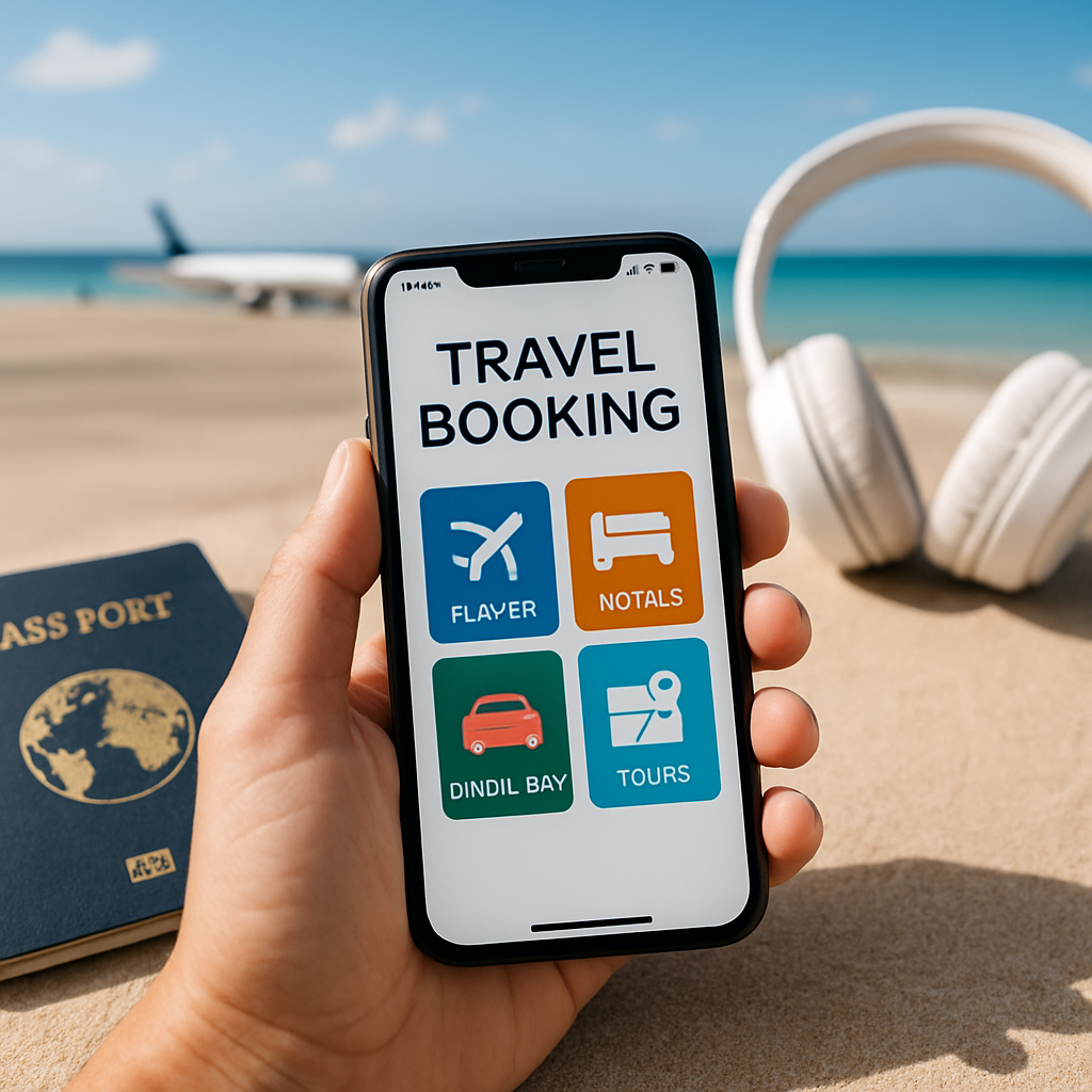 Smartphone mostrando aplicaciones de viaje con un fondo de aeropuerto soleado.