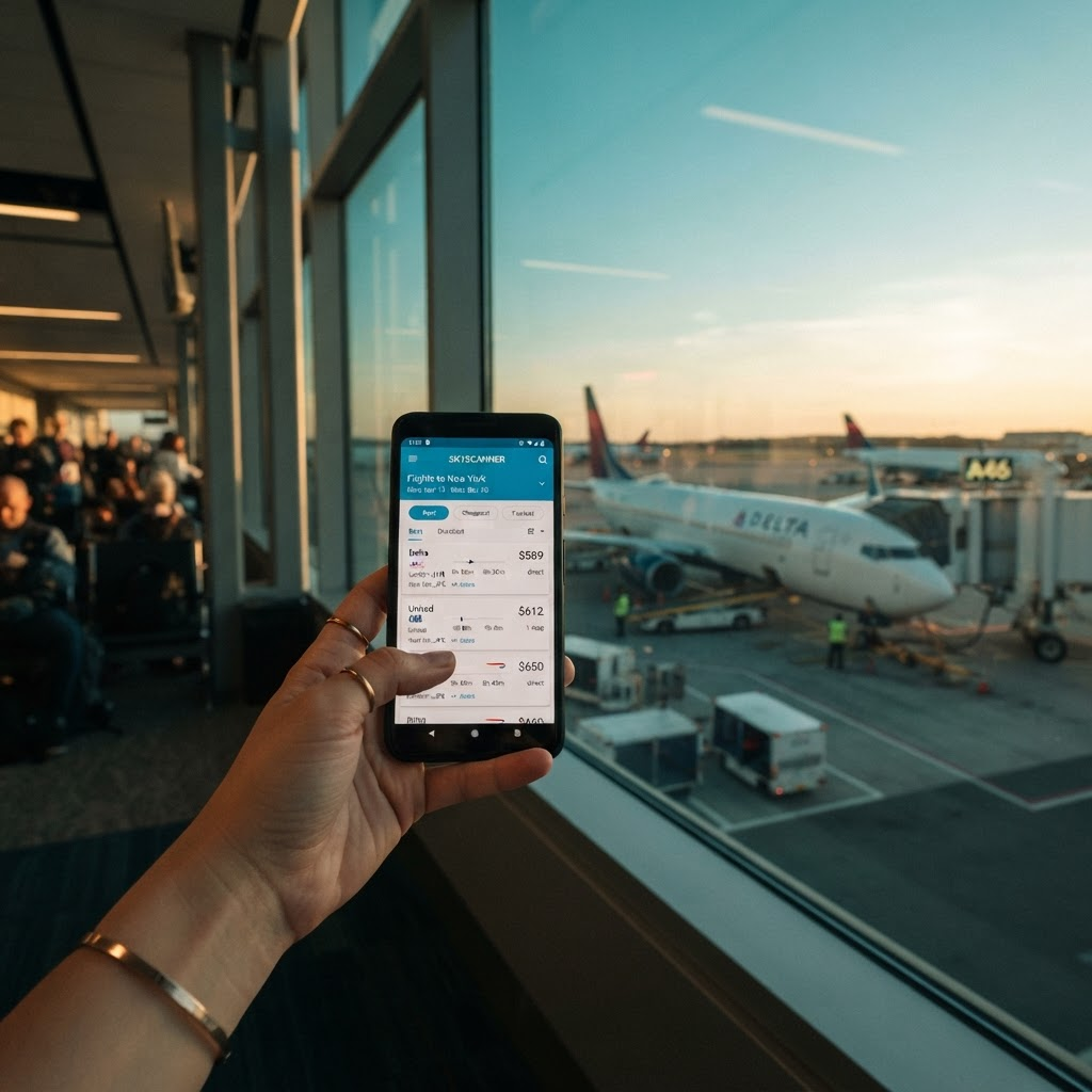 Smartphone mostrando una app de comparación de vuelos frente a la ventana de un aeropuerto con un avión.