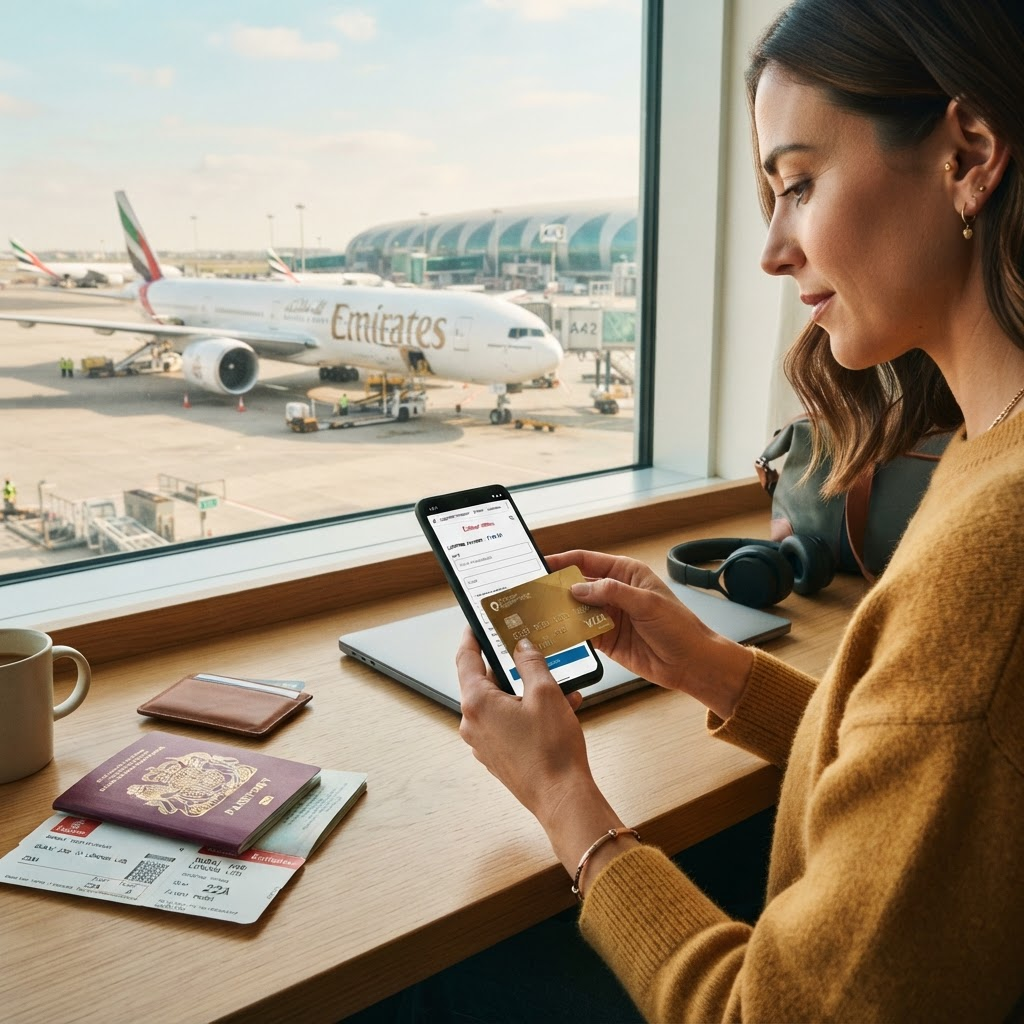 Persona pagando un pasaje de avión online con tarjeta de crédito y celular, con pasaporte sobre el escritorio.