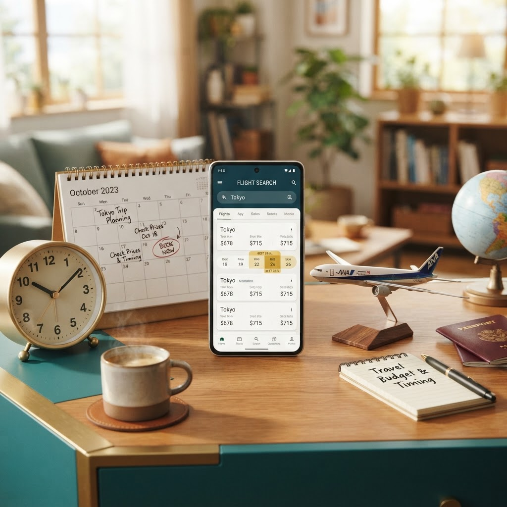 Un calendario y un reloj junto a un celular que muestra precios de vuelos, concepto del mejor momento para comprar.