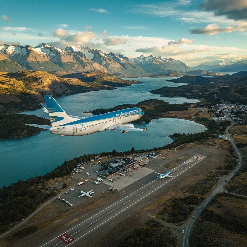 Avión sobrevolando un paisaje argentino con la cordillera de los Andes y los lagos de la Patagonia.