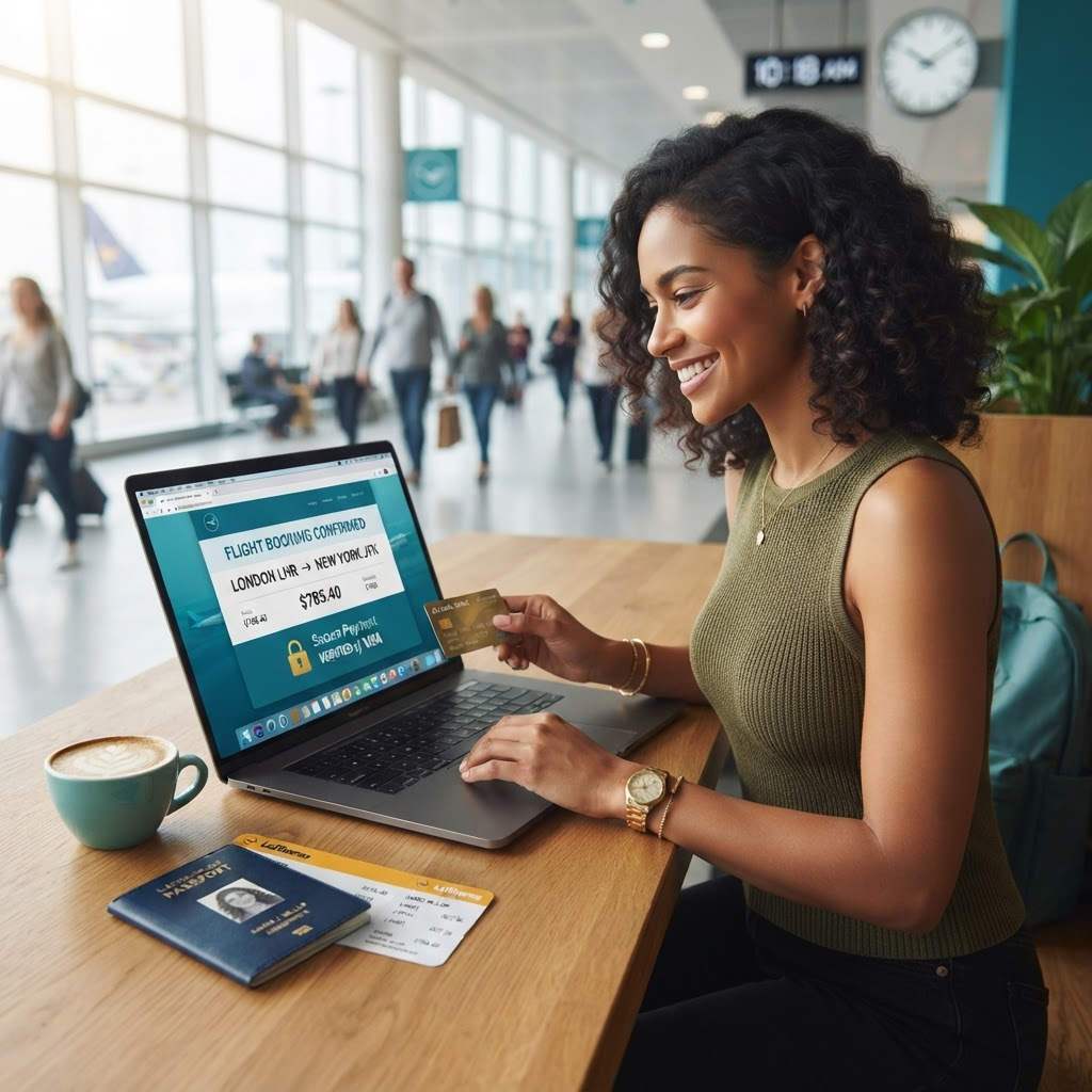 Persona reservando un vuelo en su laptop con tarjeta de crédito, concepto de compra online segura.
