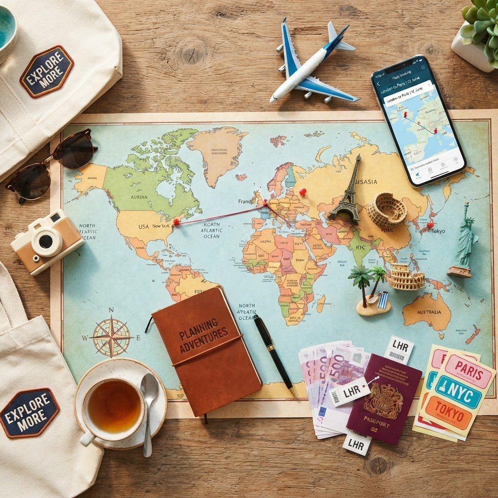 Mapamundi con aviones de juguete y miniaturas de monumentos para planificar viajes por destino.