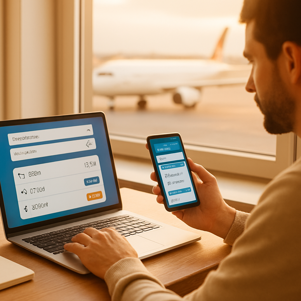 Persona comparando precios de vuelos en una laptop y un celular junto a una ventana con un avión al fondo.