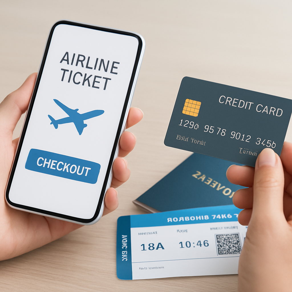Manos sosteniendo una tarjeta de crédito y un celular para comprar un pasaje de avión online, con pasaporte sobre la mesa.