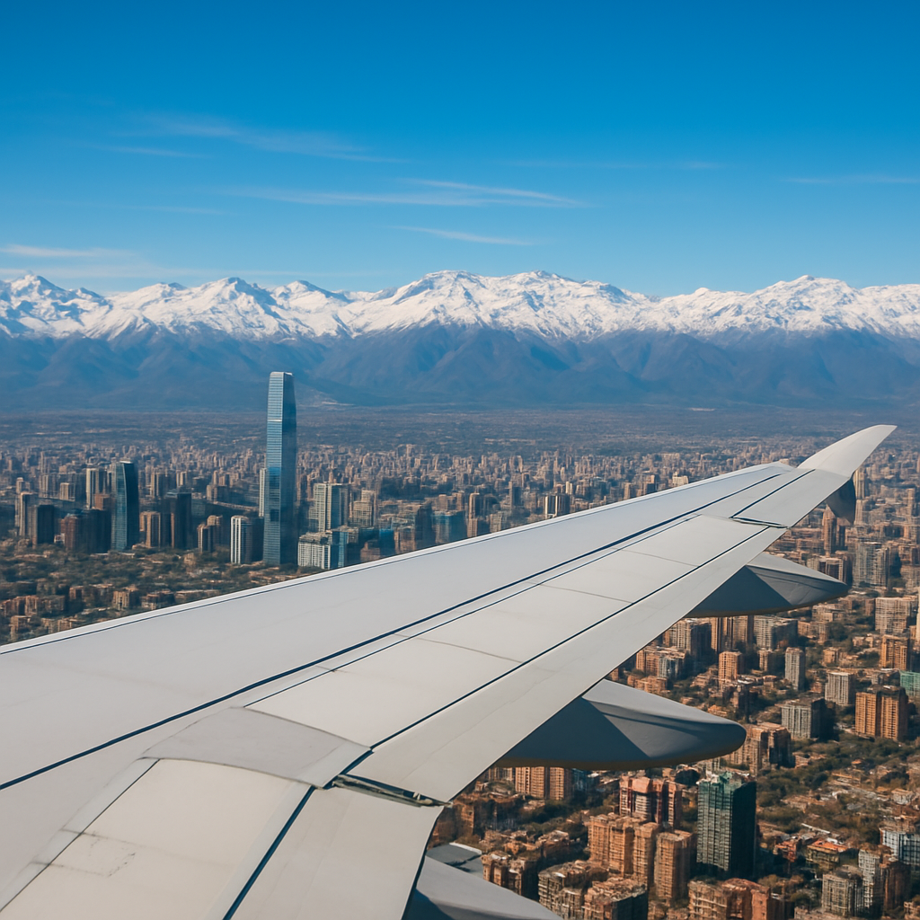 Vista aérea de Santiago de Chile con la cordillera de los Andes de fondo y el ala de un avión.