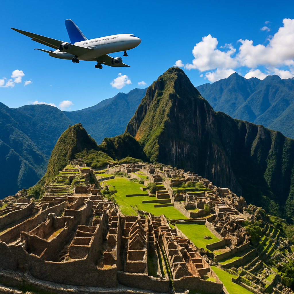 Vista panorámica de Machu Picchu y el paisaje peruano con un avión en el cielo.